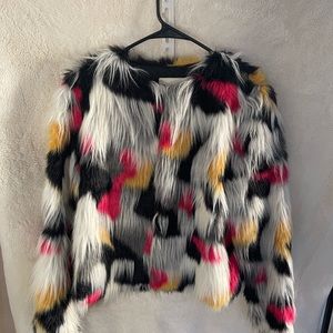 Thread and supply, medium, black, white, hot pink, mustard yellow, furry jacket